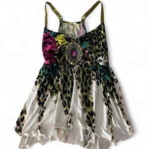 BodyFlirt y2K Leopard Print Women's Top w Cute Jewel Detail